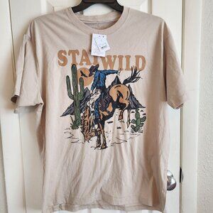 Stay Wild Graphic Cowboy T-Shirt Beige Size L 100% Cotton Western Tee NWT